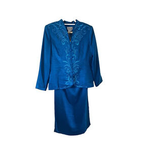 ADRIANNA PAPELL Skirt Suit Size 12 Teal Blue 100% SILK NEW Vintage Embroidered